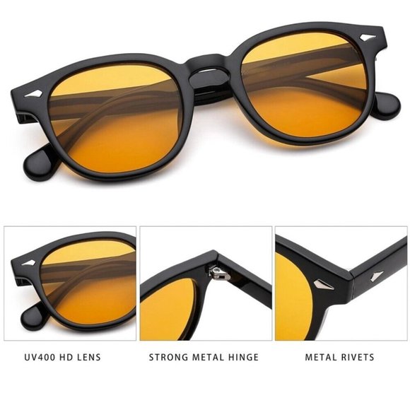 Men Women Trendy Orange Lens Black Frame Circle Beach Shades Round Sunglasses - Picture 5 of 8